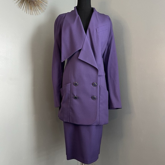 VTG 80s Karl Lagerfeld Purple Asymmetrical Blazer & Skirt Wool Skirt Suit SZ 44
